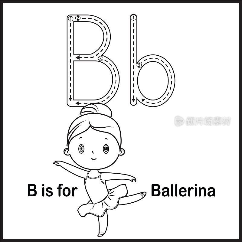 抽认卡上的字母B代表芭蕾舞矢量插图