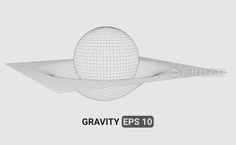 三维插图的线框网格表示重力场扭曲时空结构