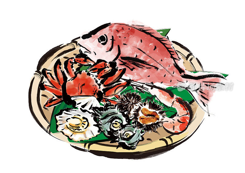 一篮子海鲜的日式手绘插画