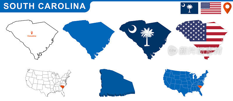 美国南卡罗来纳州的地图和旗帜。