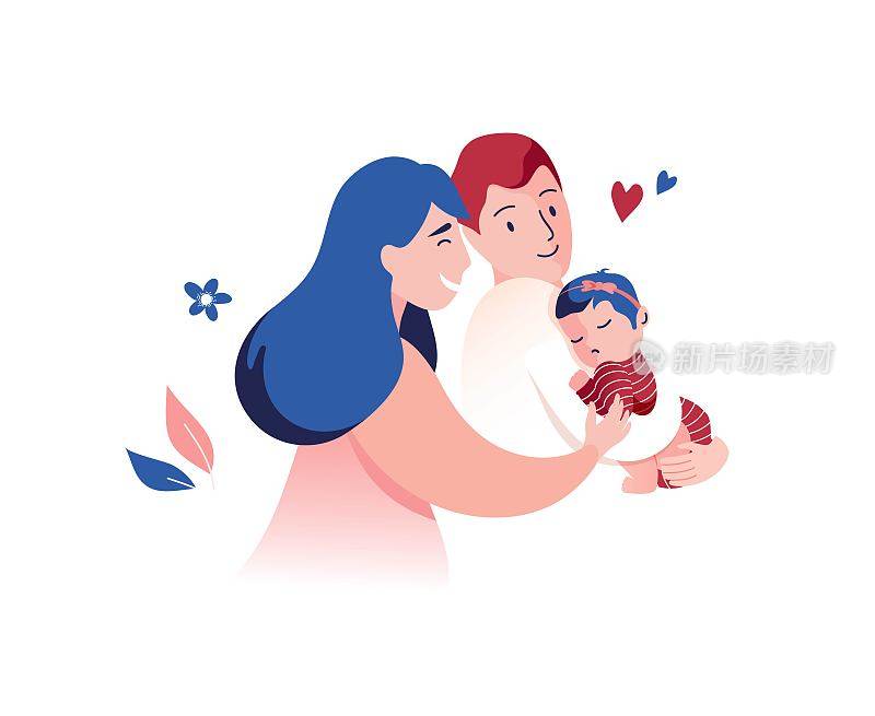矢量插图的母亲和父亲抱着女婴在怀里。