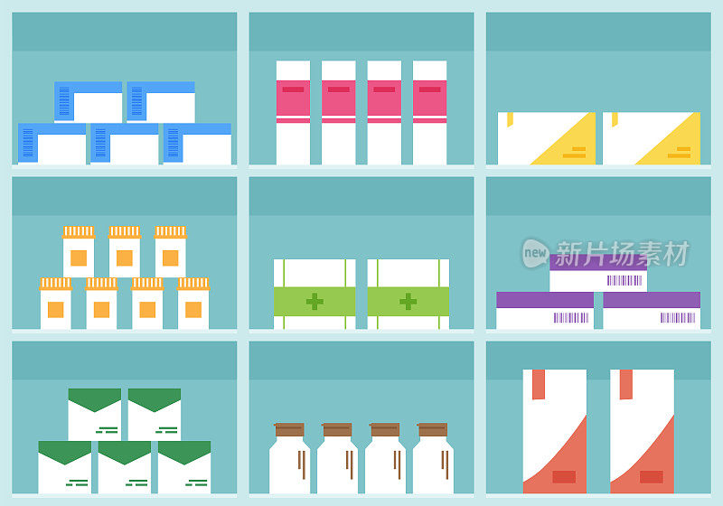 医药载体货架、药店、卡通药箱、药品容器、包装药品。室内药房或药店。健康的例子