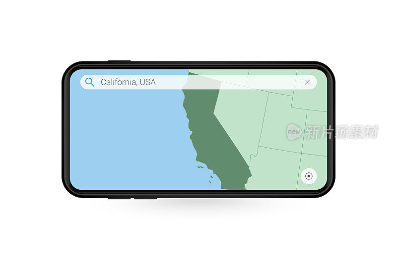 在智能手机地图应用程序中搜索加州地图。手机里的加州地图。