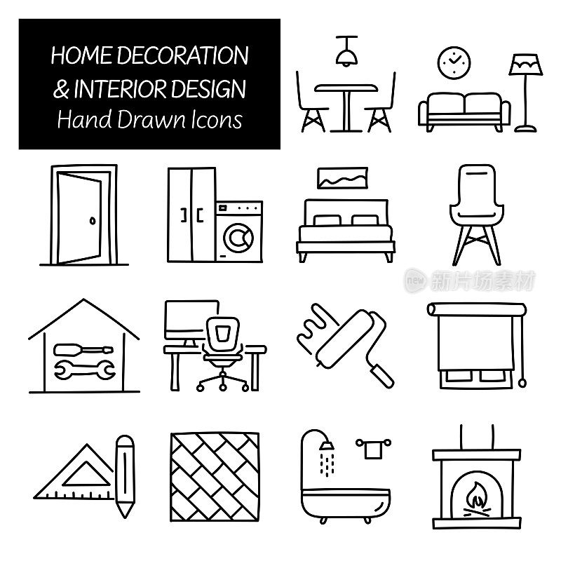 家居装饰和室内设计相关手绘图标，涂鸦元素矢量插图