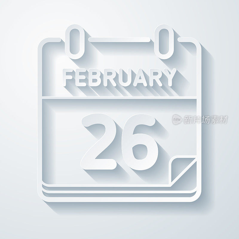 2月26日。在空白背景上具有剪纸效果的图标