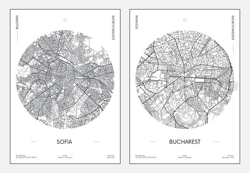 旅游海报，城市街道规划，城市地图索非亚和布加勒斯特，矢量插图