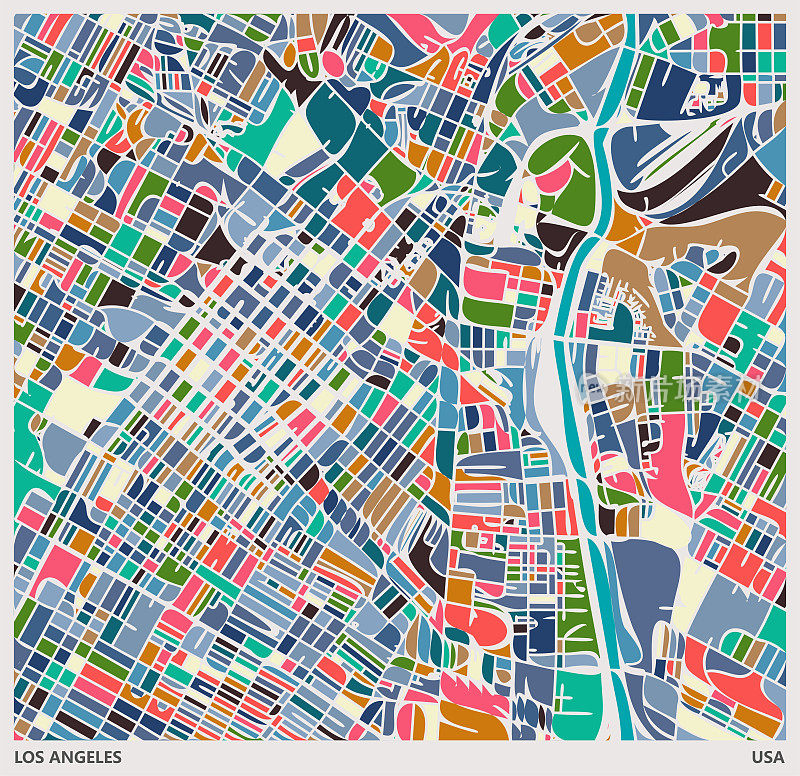 彩色插图风格的城市地图，靠近联合车站，洛杉矶市，美国