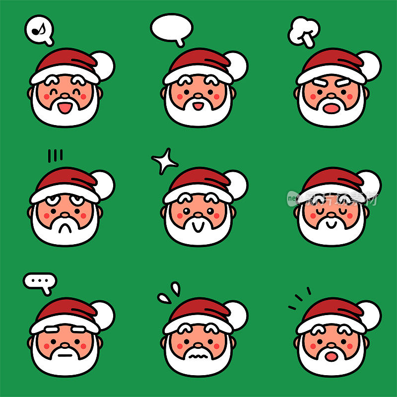 一套可爱的圣诞老人与九个面部表情颜色柔和色调的圣诞图标