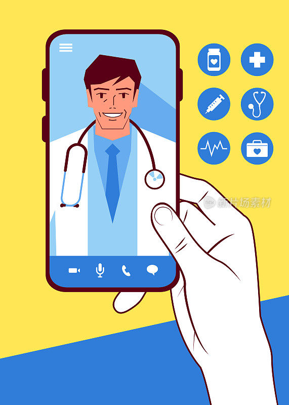 远程医疗帮助医生和患者在Covid-19期间保持联系，成熟的医生在智能手机屏幕上与患者在线交谈
