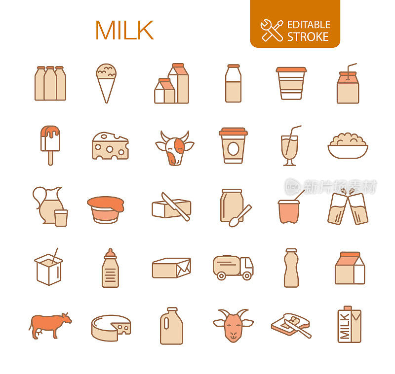 牛奶和乳制品图标设置可编辑的描边