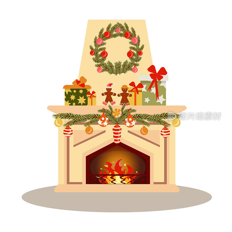 插图燃烧柴火在圣诞节孤立在白色背景。