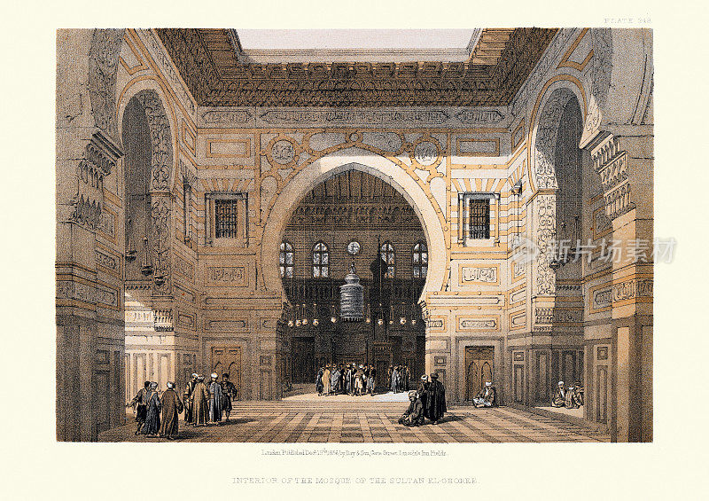 苏丹-古里清真寺内部，苏丹-古里综合体，埃及开罗，维多利亚时代19世纪，大卫・罗伯茨