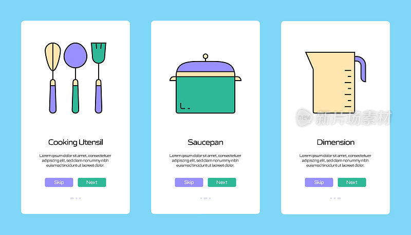 在移动应用页面上使用扁平图标的烹饪概念。用户体验，UI设计模板矢量插图
