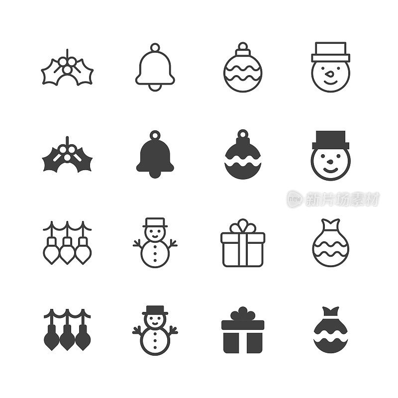 圣诞线和固体图标。可编辑的笔画，包含铃铛，圣诞球，圣诞灯，装饰，礼物，礼物袋，圣诞老人，圣诞老人帽，雪人等图标。