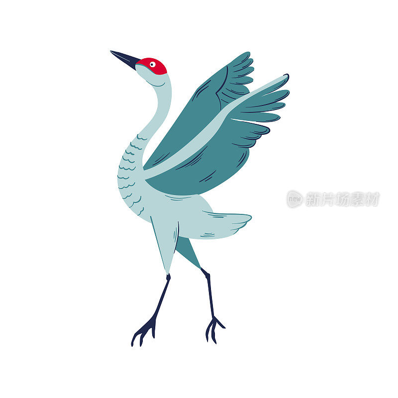 跳舞可爱的鹤鸟矢量插图。丹顶鹤