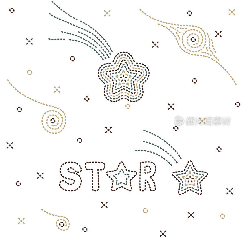 空间设计元素的集合。绣字——星星，流星，星系。刺绣的风格。向量