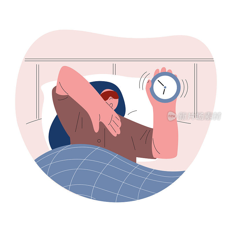 一个女人在一个睡眠带里被闹钟叫醒。平面风格的矢量插图。