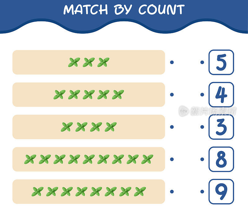 卡通薄荷叶数匹配。比赛和计数游戏。教育游戏为学龄前儿童和学步儿童