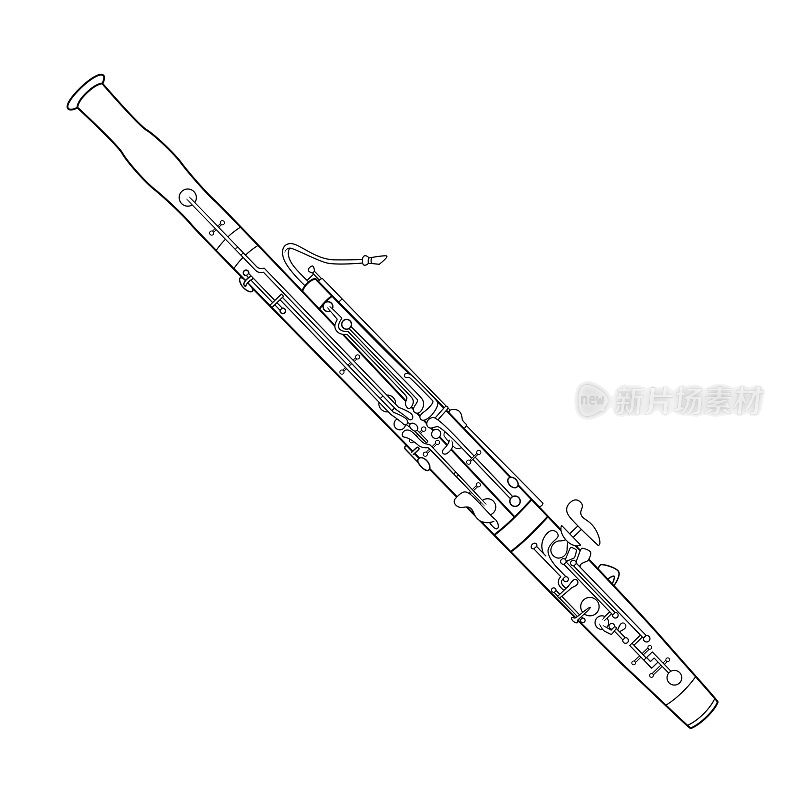 黑白矢量插图的儿童活动彩色书页与乐器巴松管的图片。