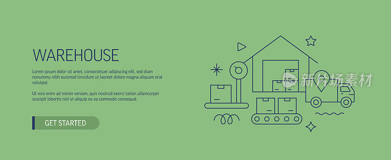 仓库相关的网站横幅线风格。现代设计矢量插图网页横幅，网站标题等。股票插图