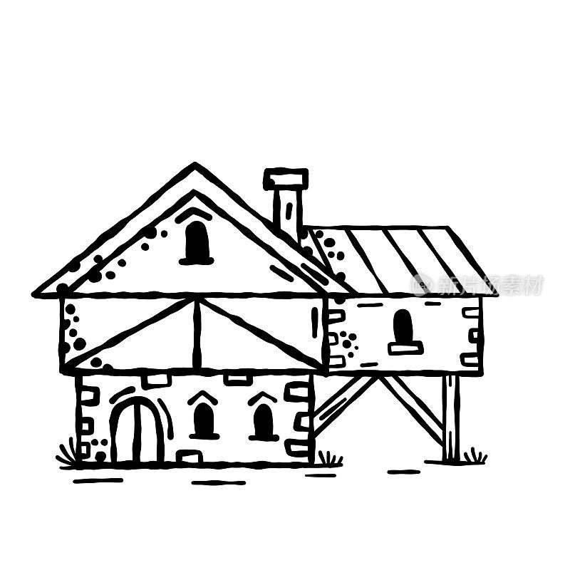 中世纪的房子。村庄建设。有烟囱的老房子。黑白素描图像。卡通复古的插图