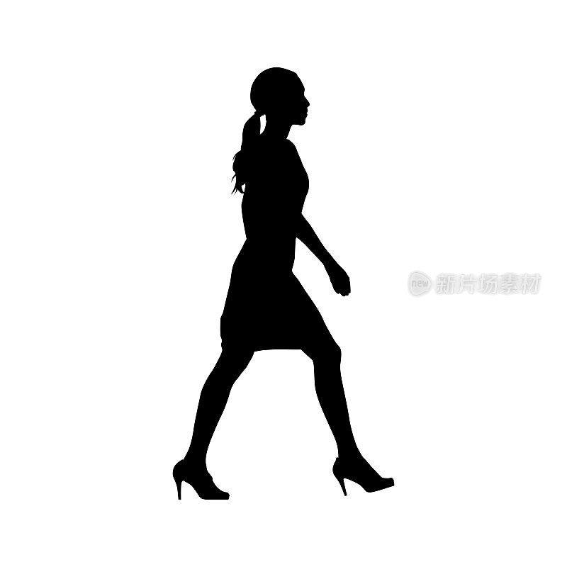 女人行走，侧视。孤立的矢量剪影。穿着正式服装的年轻女商人