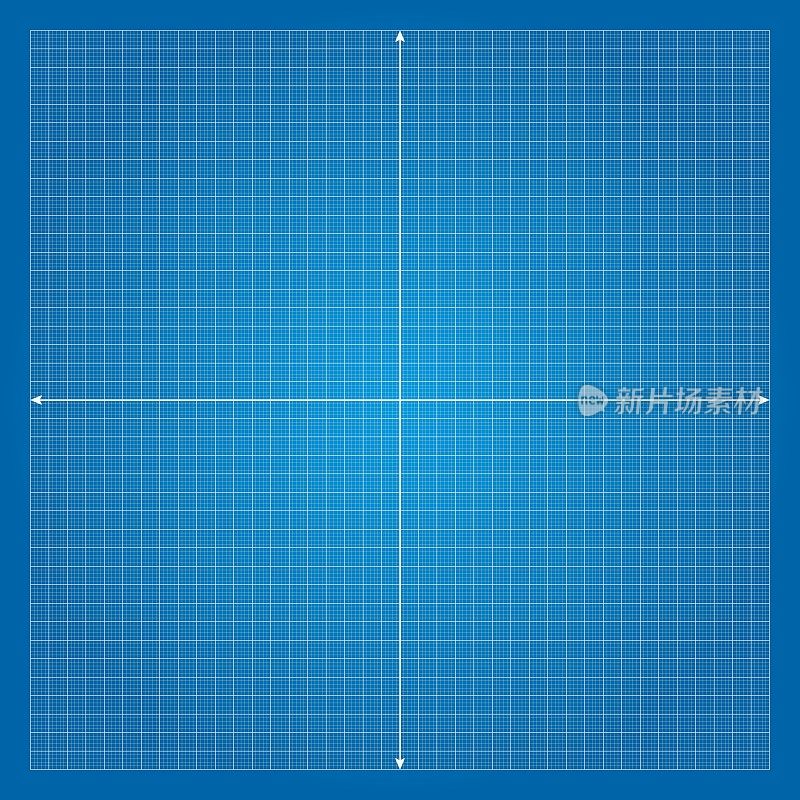 矢量插图蓝色绘制图形纸网格孤立在蓝色背景。网格正方形图形线条纹理。毫米坐标纸栅格模板。笛卡尔坐标系的x轴和y轴。