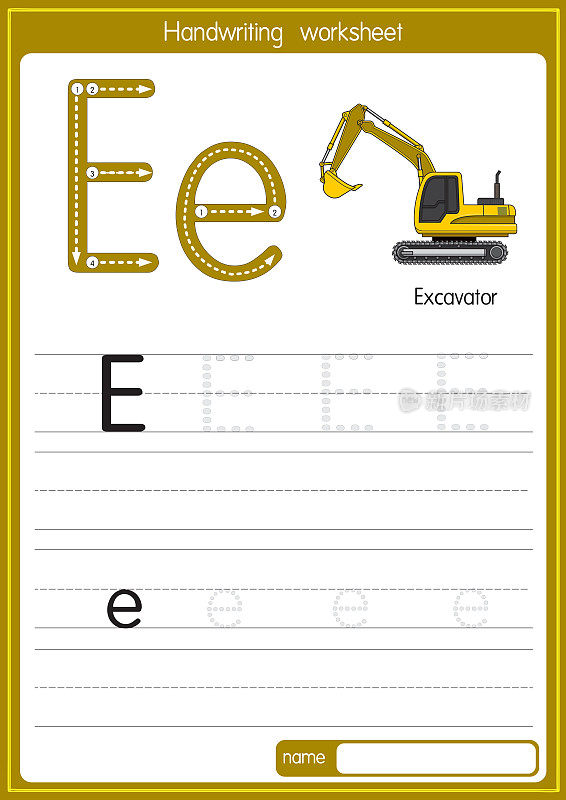 挖掘机矢量图例，用字母E大写或大写字母进行幼儿ABC学习练习