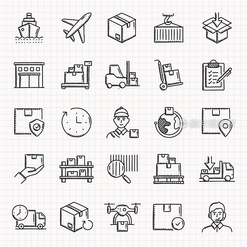 交付和物流手绘图标集,涂鸦风格矢量插图