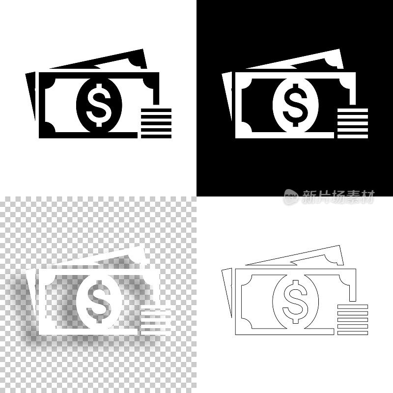美元――现金。图标设计。空白，白色和黑色背景-线图标