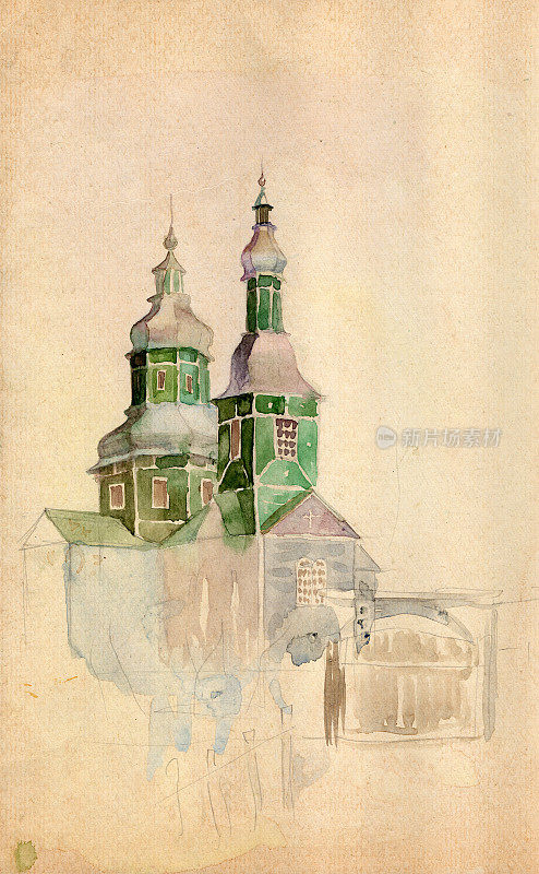 水彩画山水速写。古老的乌克兰木制教堂，漆成绿色，具有传统的民间建筑风格