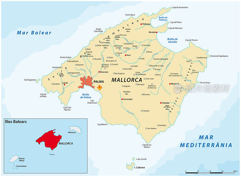 西班牙地中海马略卡岛的矢量地图