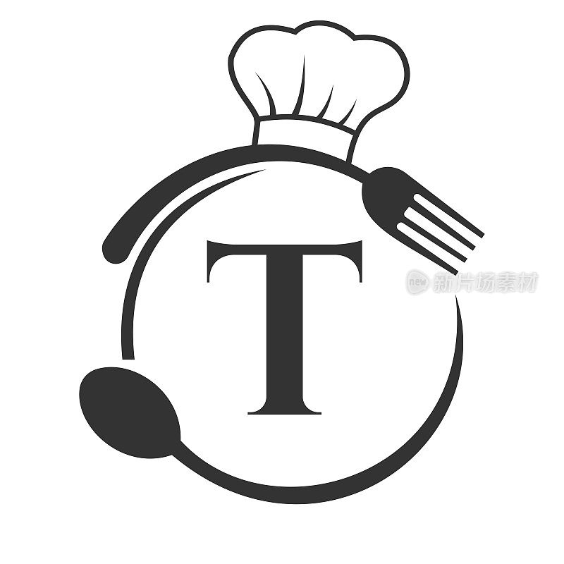 餐厅标志，餐厅标志在字母t厨师帽子，勺子和叉子餐厅符号向量模板