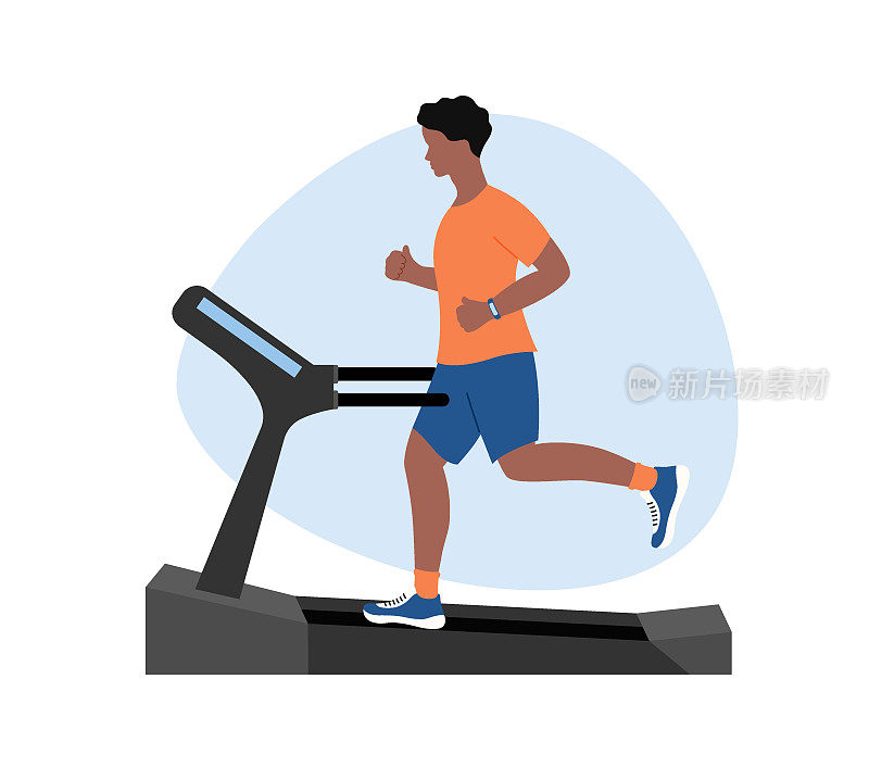 在跑步机上跑步的人。非裔美国运动员在健身器材上慢跑。耐力有氧跑步训练。平面向量插图