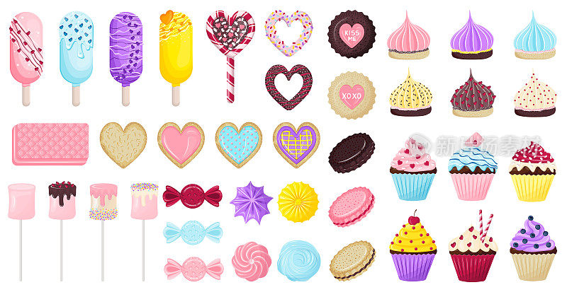 一套情人节用浆果和心形装饰的糖果、饼干、纸杯蛋糕、冰淇淋、华夫饼、棉花糖棒、棒棒糖、蛋白霜