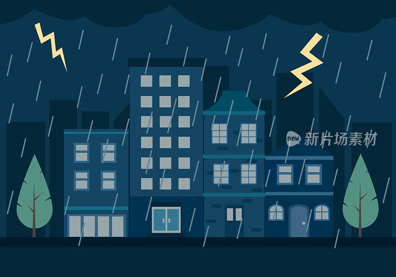 恶劣天气夜间城市景观平面设计。多雨的季节。