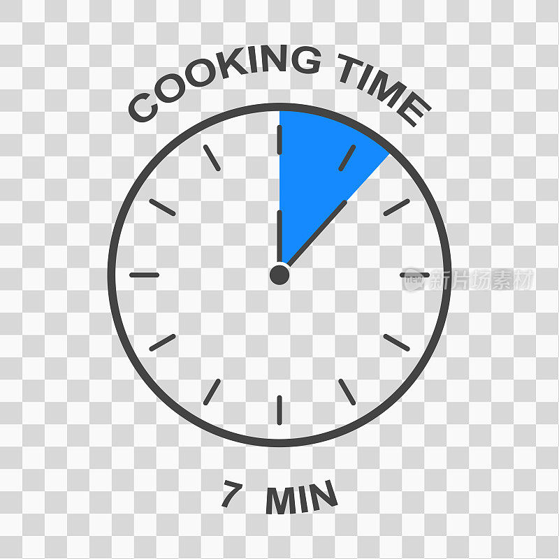 时钟面与7分钟时间间隔。烹饪时间图标。在透明背景上隔离的食品制备说明的定时器信息图元素