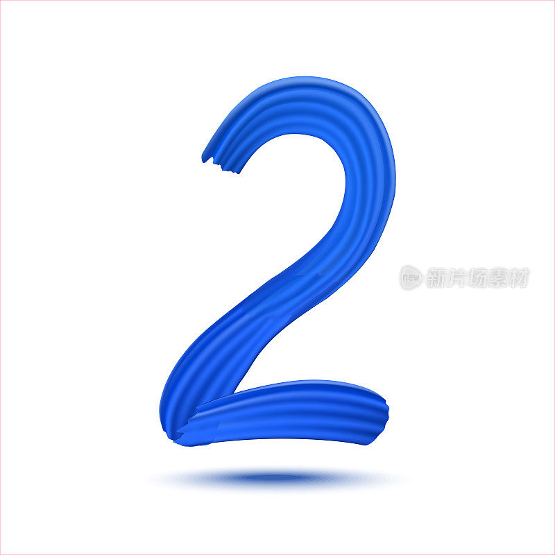 数字2的现实蓝色油漆刷笔触。白色背景上孤立的数字。第二个数字是用淡蓝色油漆写的。