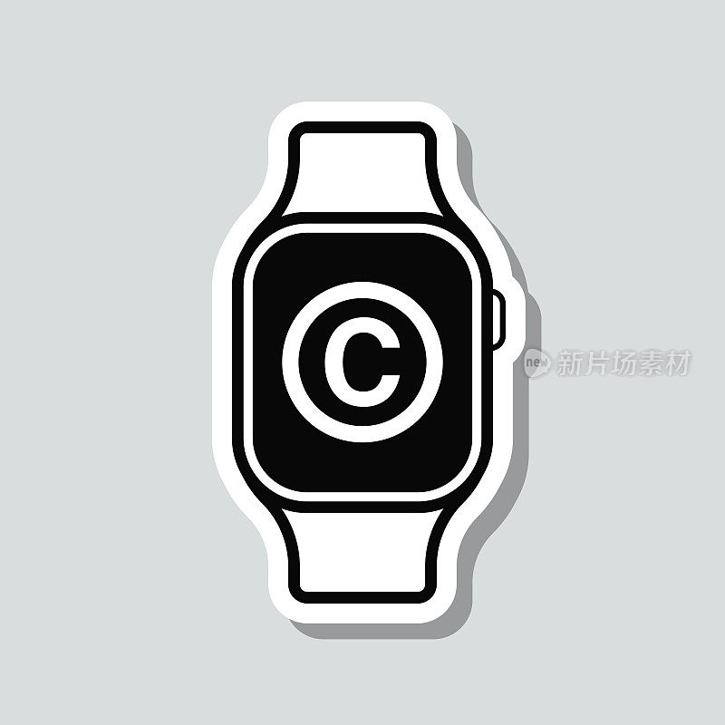 带有版权标志的智能手表。图标贴纸在灰色背景