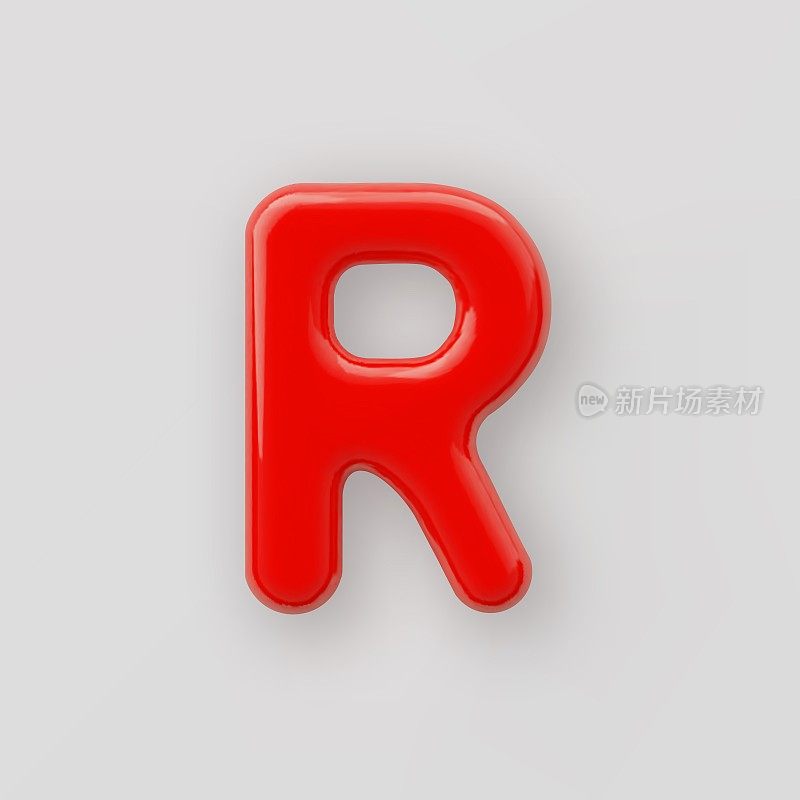 3D红色塑料大写字母R在灰色背景上有光泽的表面。
