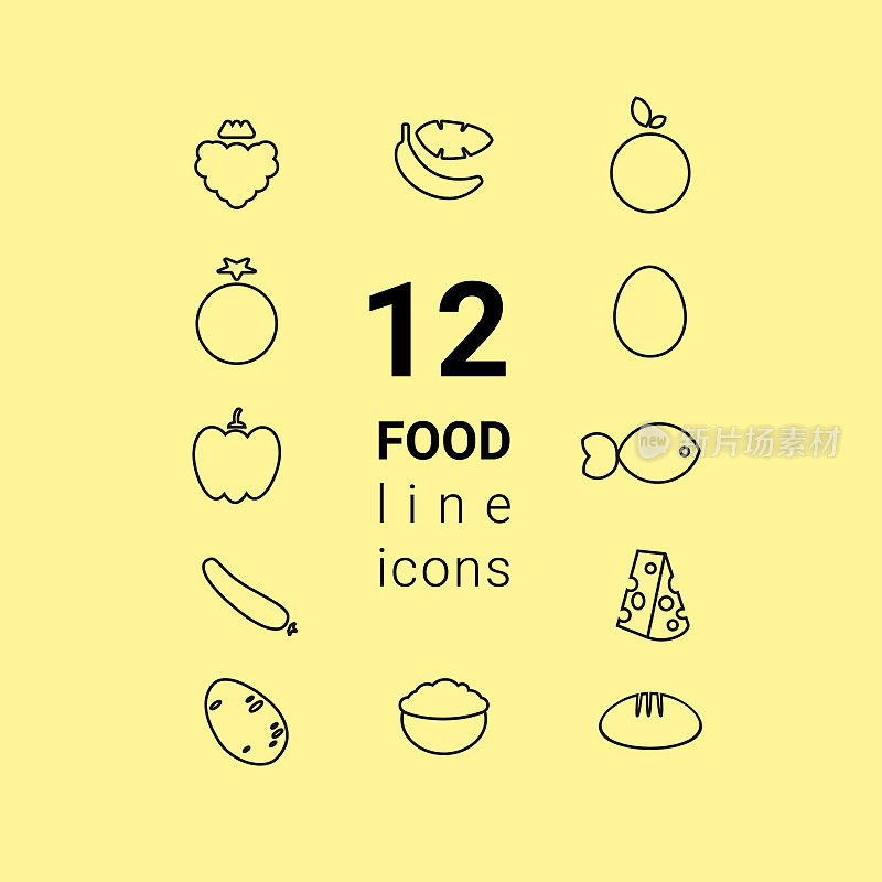 膳食营养食物大纲图标设置水果和蔬菜鸡蛋，鱼，硬奶酪，燕麦片和面包。健康饮食概念矢量插图。