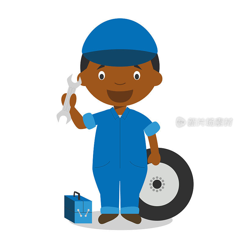 可爱的卡通矢量插图的黑人或非裔美国男性机械师。