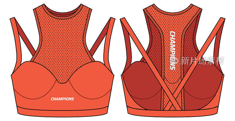 女性运动胸罩支持顶级积极运动运动衫设计平面素描时尚插画适合女孩和女士，背心游泳，瑜伽，健身房，跑步和体育活动