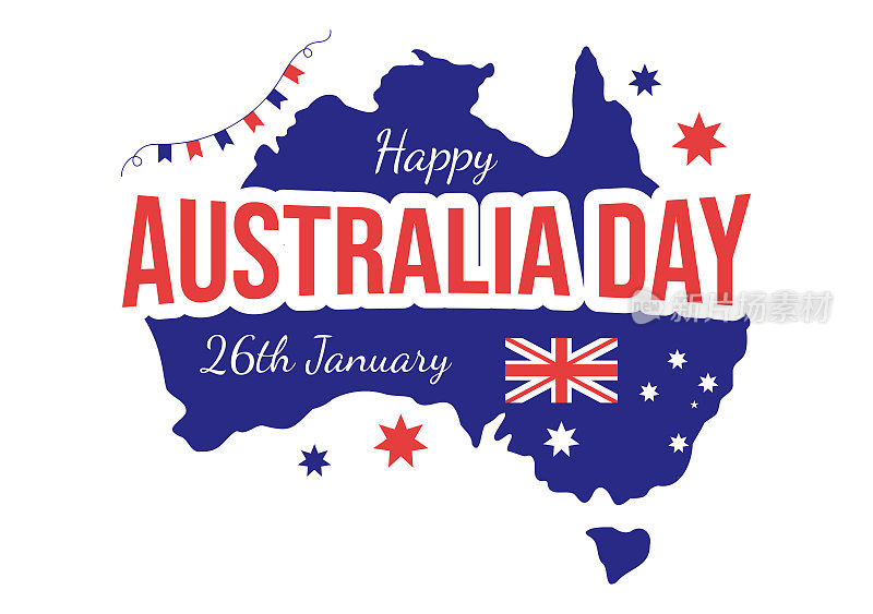 在每年的1月26日庆祝澳大利亚国庆日，用平面卡通手绘模板插图的旗帜和地图表达不同的民族