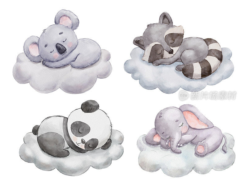 可爱的梦想大象，考拉，浣熊和熊猫在云端。卡通手绘水彩插图集。动物宝宝