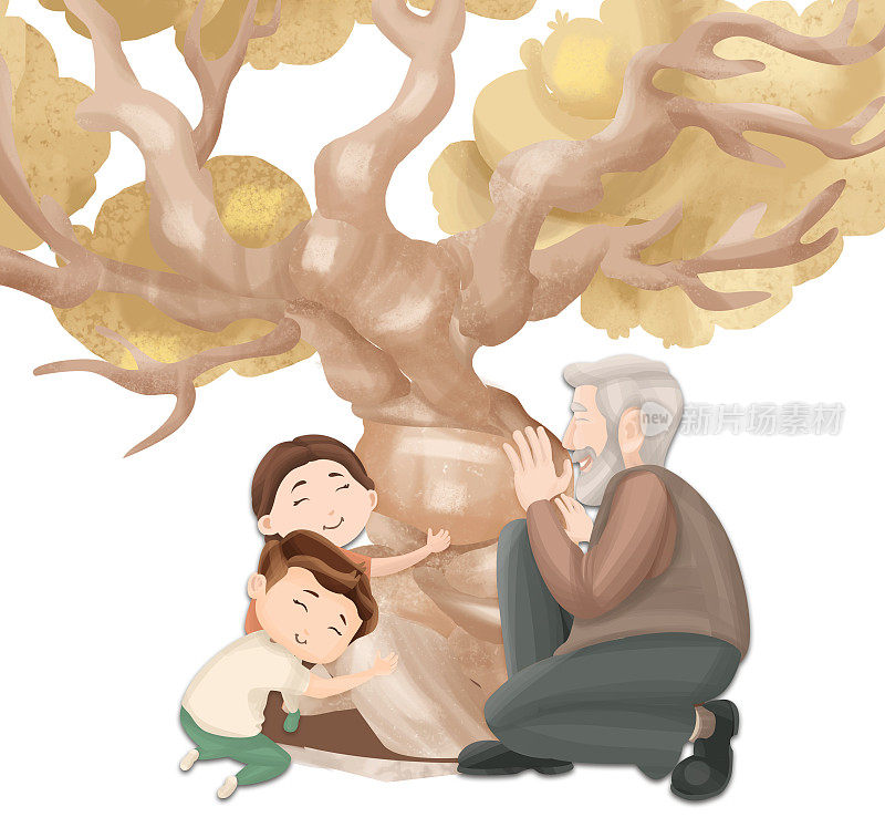 爷爷和孙子拥抱树的插图