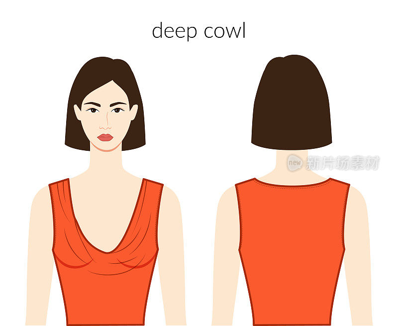 深罩领口衣服性格漂亮的女士在橙色上衣，衬衫，连衣裙技术时尚插图与合身的身体。平板服装模板正面，背面。女人，男人男女皆宜的CAD模型