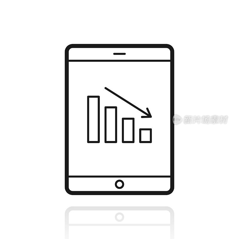 平板电脑上的递减图表。白色背景上反射的图标