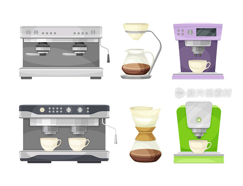 咖啡机作为设备的咖啡因饮料酿造和咖啡烹饪器具矢量集