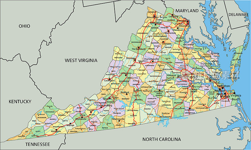 弗吉尼亚州-高度详细的可编辑的政治地图与标签。